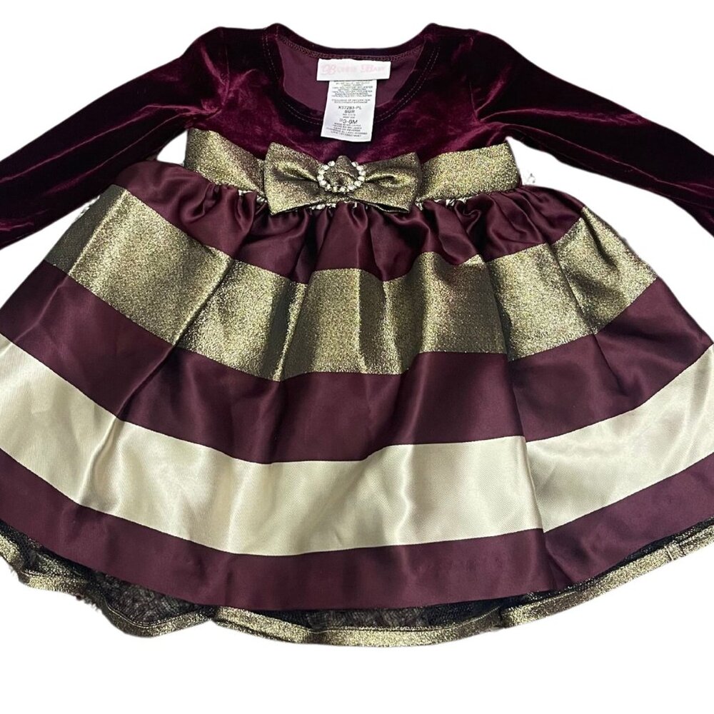 Baby Girl Christmas Dress Bonnie Baby Maroon & Gold | Size 3-6 Months